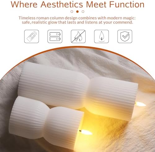 White Ribbed Flameless Pillar Candles with Remote Set of 2