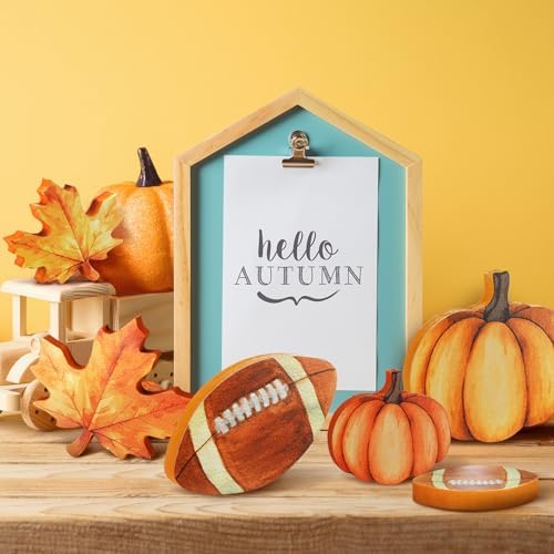 Bencailor 12 Pcs Fall Table Decor Wooden Pumpkins Maple Leaf Fall Football Tiered Tray Decor Thanksgiving Centerpiece Autumn Football Decorations for Home Kitchen Desk Office Party