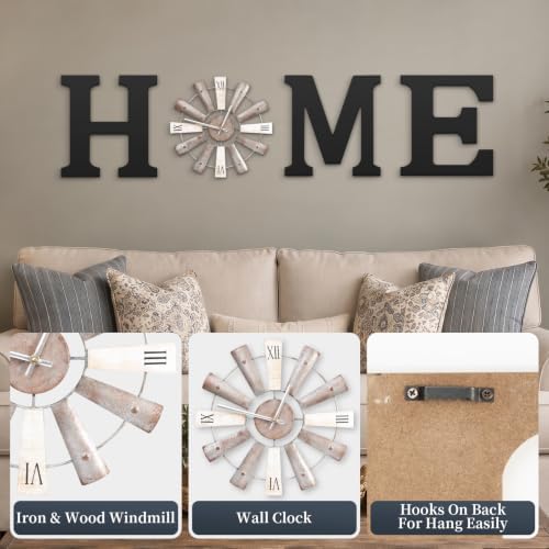 Farmhouse Home Signs with Windmill Clock Wall Decor Rustic Home Letters Wall Art for Living Room Kitchen Entryway