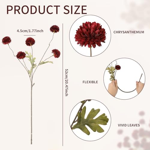 DuHouse 6pcs Faux Silk Pompon Mum Small Chrysanthemum Ball Burgundy