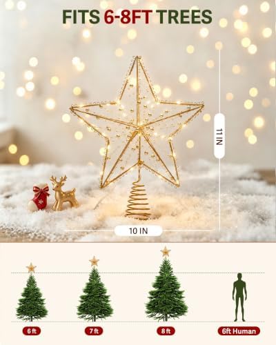 Noiclub Christmas Tree Topper Star 10" Metal Gold Beaded Star with 6H Timer