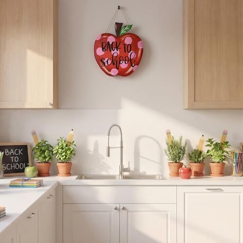 Smile Back to School Red Polka Dot Apple Wooden Door Sign Wall Decor for Classroom, Home, School Entrance - Back to School Gift for Teachers, Students