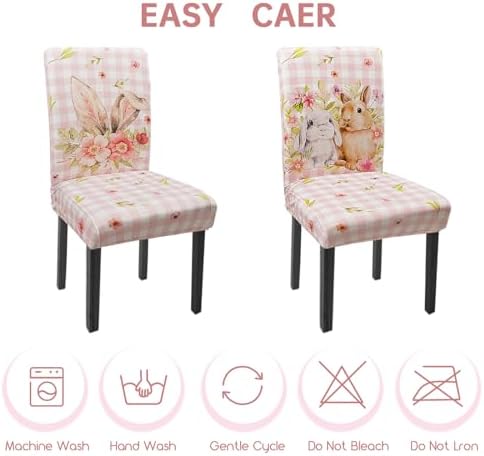 Easter Chair Covers Set of 4 Spring Pink Bunny Floral Buffalo Plaid Dining Room Slipcovers Stretch Parsons Chair Seat Protectors Spring Easters Decor-4PCS