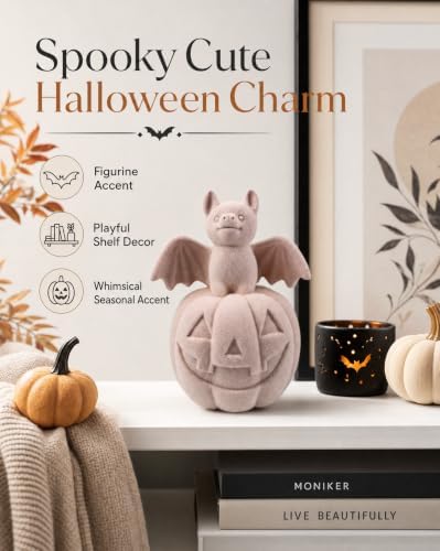 Halloween Decor Bat on Jack-o-lantern Resin Figurine (Pink Bat Pumpkin)