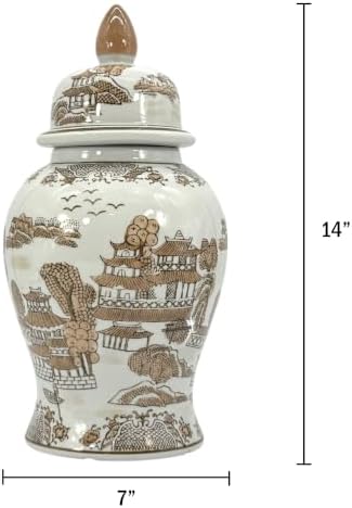 Galt International 14" Brown & White Landscape Ceramic Porcelain Ginger Jar Floral Home Décor Jar Urn Shape Vase