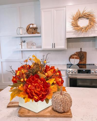 DILATATA Fall Decor Autumn Harvest Floral Centerpiece with Artificial Peony Maple Leaf and Berries Arrangement for Thanksgiving Party Mantel Fall Decor
