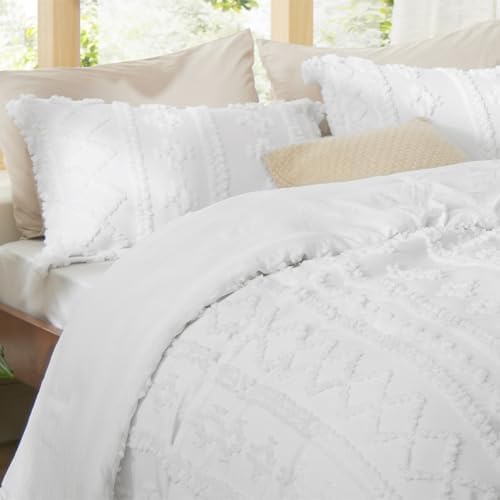 Bedsure Tufted Boho Comforter Set Oversized King - Bright White Boho Bed Set, GentleSoft™ 3 Pieces Farmhouse-Style