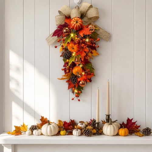 24" Pre-Lit Fall Teardrop Swag with 15 LED Lights & Timer, Pumpkins, Maple Leaves, Pinecones & Burlap Bow, Battery Operated Autumn Door Swag for Thanksgiving & Halloween Decor