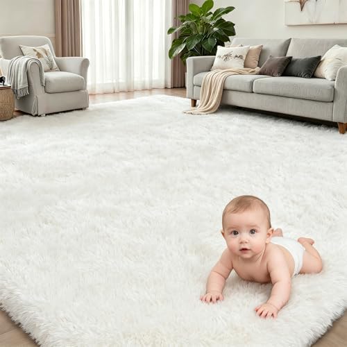 9x12 Area Rug Living Room Bedroom: Fluffy Plush Shag Carpet Ivory