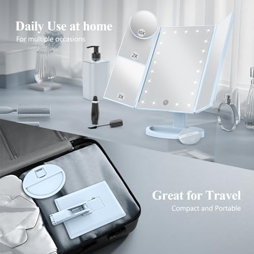 HUONUL 2X/3X/10X Magnifying Vanity Mirror with Light, Trifold Makeup Mirror