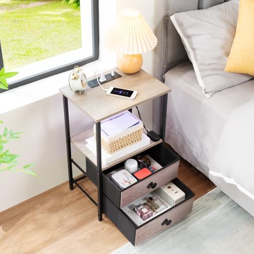 LOAKEKEL Nightstands Set of 2, LED Night Stand with Charging Station