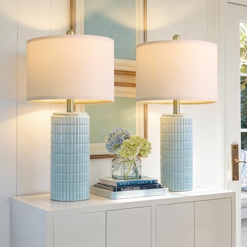PoKat 23" Light Blue Table Lamps Set of 2, Modern Bedside Lamps for Bedroom, Coastal Ceramic End Table Lamps for Living