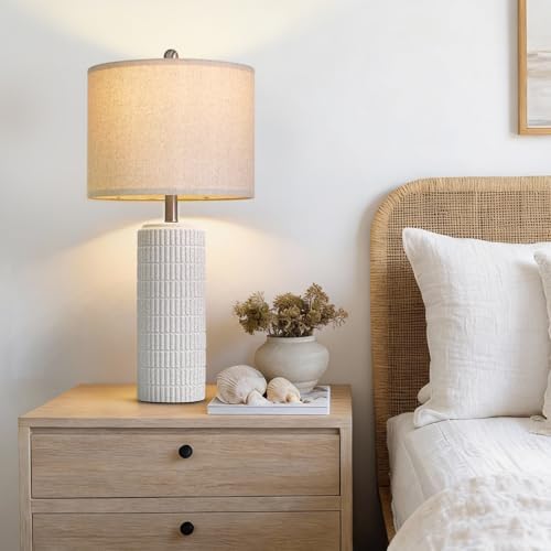 PoKat 27.5'' Tall Table Lamps for Living Room Set of 2, Stone-Like Ceramic Bedroom Lamps for Night Stands, Farmhouse