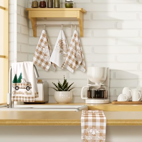 Sratte 6 Pcs Christmas Kitchen Towels Neutral Brown White Plaid Dish Towels
