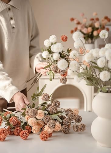 Laelfe Artificial Pompon Mum Burnt Orange, 5Pcs Fake Kiku Flowers Silk Small Mini Chrysanthemum Ball Faux Mum Decor for Vase Filler DIY Bouquet Centerpieces Arrangements Shower(Burnt Orange)