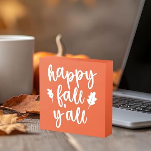 Fall Decor, Fall Decorations for Home Office, Fall Sign, Autumn Maple Leaf Decorations, Happy Fall Y'all Sign, Autumn Desk Shelf Decor 5 X 5 Inch