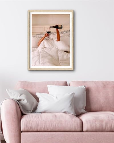 EcoHest 16x20 in Woman Drinking Wine in Bed Framed Wall Art for Bedroom