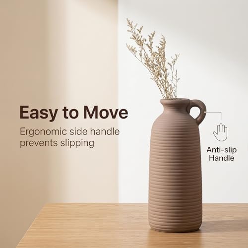 Set of 3 Matte Ceramic Vases with Handles, Textured Vases in Different Heights, Boho Farmhouse Decor for Dried Pampas