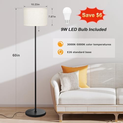 Ambimall Modern Standing Floor Lamp for Living Room & Bedroom with 3 Color Temperatures Bulb & Pull Chain Switch, 60"
