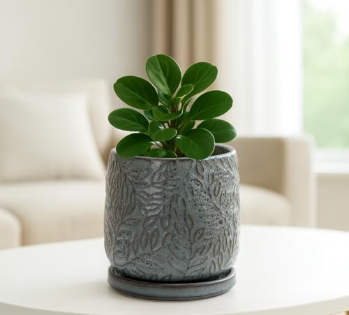 D'vine Dev Embossed Leaves Ceramic Planter, 4 in, Graphite Blue, 27-A-Z-9