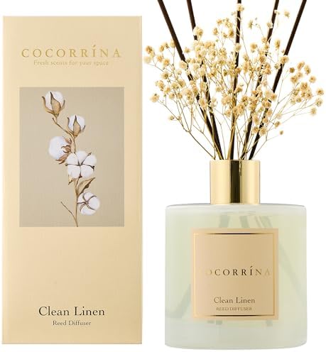 COCORRÍNA Reed Diffuser - Clean Linen 17 Fl.oz Reed Diffuser with 8 Sticks Scented Diffuser with Preserved Flowers for