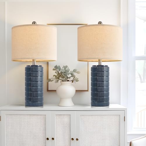 PoKat 23" Blue Table Lamps, Farmhouse Bedside Lamps for Bedroom Set of 2, Ceramic End Table Lamps for Living Room