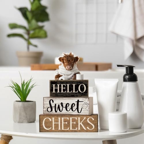 Moucuny 4 Pcs Highland Cow Bathroom Decor Wooden Signs, Farmhouse