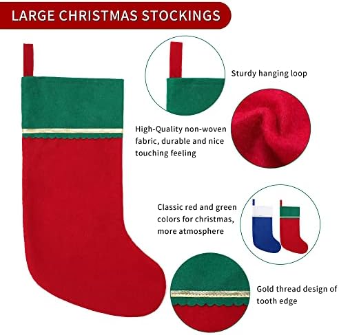 12 Pack Felt Christmas Stockings, 19 Inches Red and Green Christmas Stockings Hanging Ornaments, Green Cuff with Gold Trim Christmas Stockings for Family Christmas Holiday Decorations