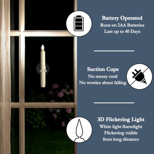Homemory 12 Pcs Window Candles with Sensor Dusk to Dawn, White Wight Candlesticks with Suction Cups, Roman Column Christmas Window Candle Battery Operated, Flameless Led Taper Candles for Windows