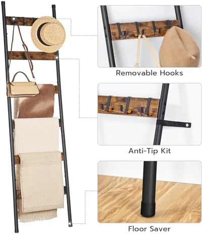 HOOBRO Blanket Ladder, 6-Tier Towel Rack with Hooks, Wall-Leaning Blanket Rack, Decorative Display Ladder Shelf