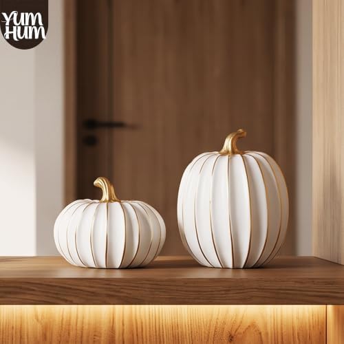 2Pcs Resin Pumpkin Figurines, Gold Stripe Fall Thanksgiving Decor