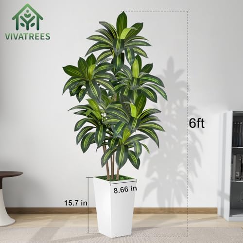 VIVATREES Dracaena Tree 6FT Artificial, 72in Tall Faux Dracaena Tree with 15.7 White Planter, Fake Potted Tree for