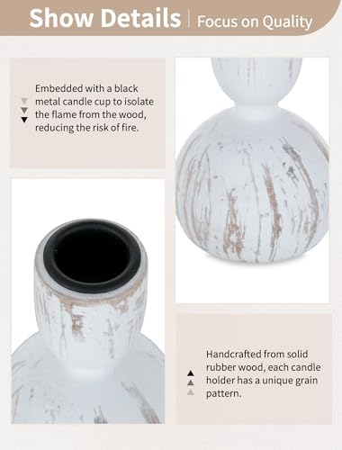 NUPTIO Wooden Taper Candle Holders, Set of 3 White Candlesticks
