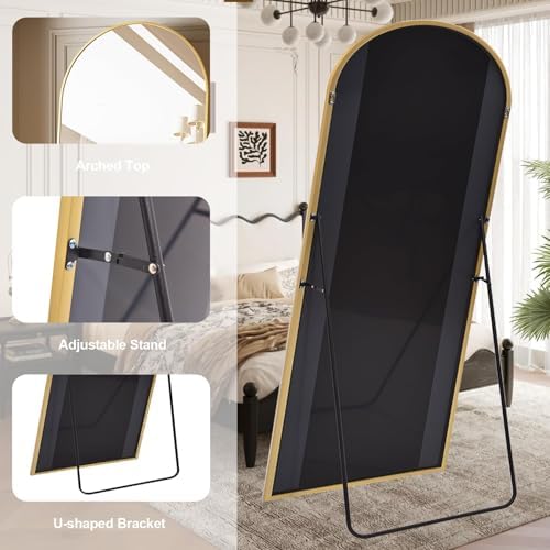 Prywot Full Length Mirror, Oversized 77"x38" Arched-Top Floor Mirror, Gold