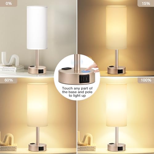 Antique White Bedside Table Lamp, Dimmable Touch Lamp, USB A+C, AC Outlet