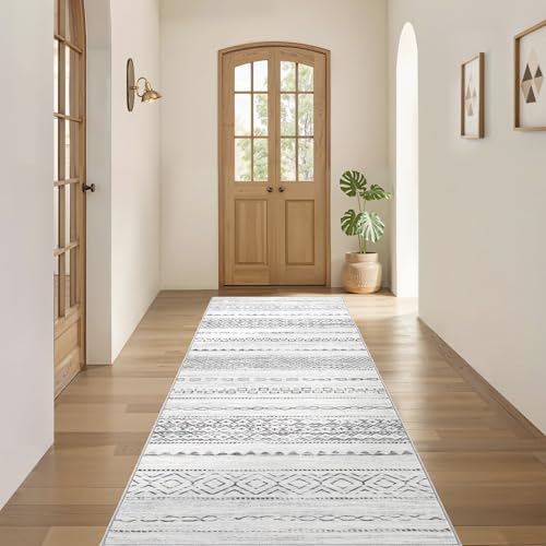 Nakagishi Runner Rug Kitchen Washable Rugs: 3x8 Non-Slip Boho Soft Modern Stain Resistant Indoor Floor Neutral