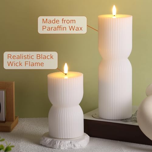White Ribbed Flameless Pillar Candles with Remote Set of 2