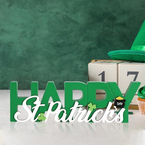 COCHIE Wooden Happy St. Patrick's Day Sign, Green Saint Patrick Decorations for Home, Office, Shelf, Mantel, Indoor, Wood Shamrock Decor, Lucky Pot of Gold Table Top Party Decoration (Green)
