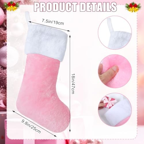 12 Pcs Christmas Stocking 18" Plush,Pink and White