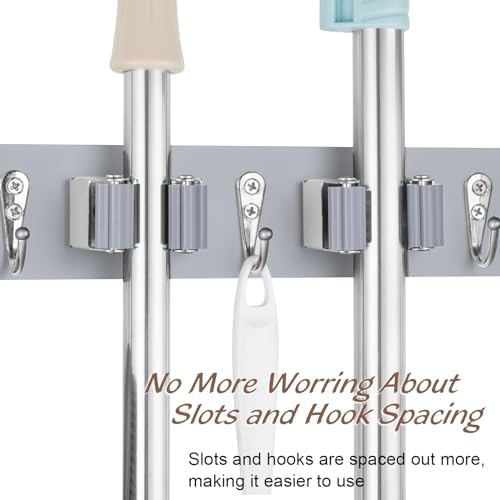 OUTNILI Gray Mop Broom Holder Wall Mount with 4 Slots & 4 Hooks - Wood Broom Mop Hanger for Pantry Closet Laundry Room