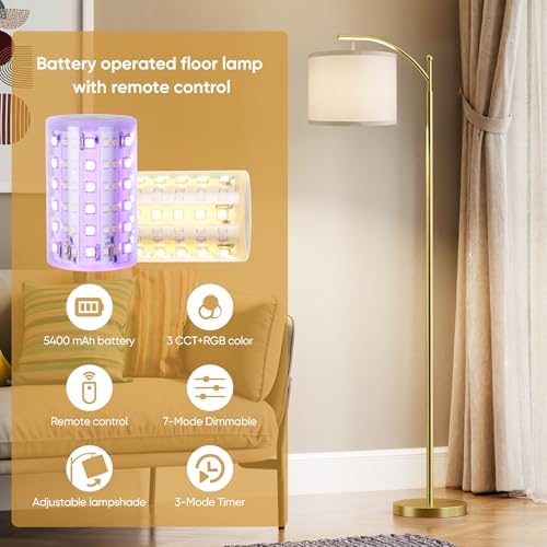 Battery Operated Floor Lamp, RGB Dimmable Cordless Standing Lamp with Remote Control for Living Room, Tall Floor Lamp