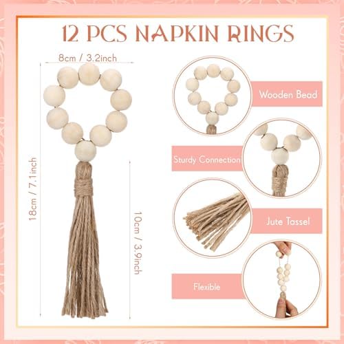 LemonRoad 36 Pcs Napkin Rings Set 12 Wood Bead Napkin Rings, 24 Cloth Napkins Boho Farmhouse Table Decorations Dinnerware Sets, Banquet, Wedding, Holiday Dinner Party