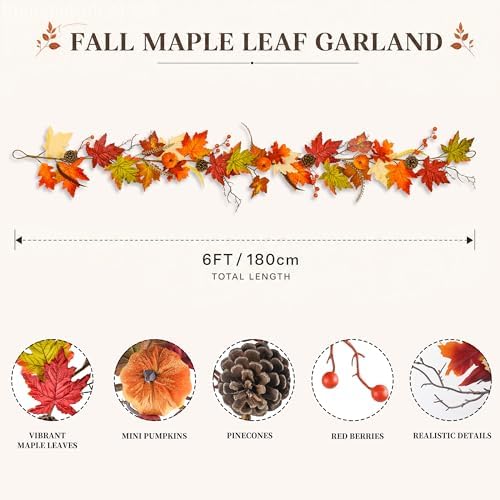 6FT Fall Maple Leaf Garland with Mini Pumpkins Pinecones & Red Berries, Artificial Autumn Leaves Garland for Thanksgiving Autumn Mantel Fireplace Stair Railing Front Door Farmhouse Decor