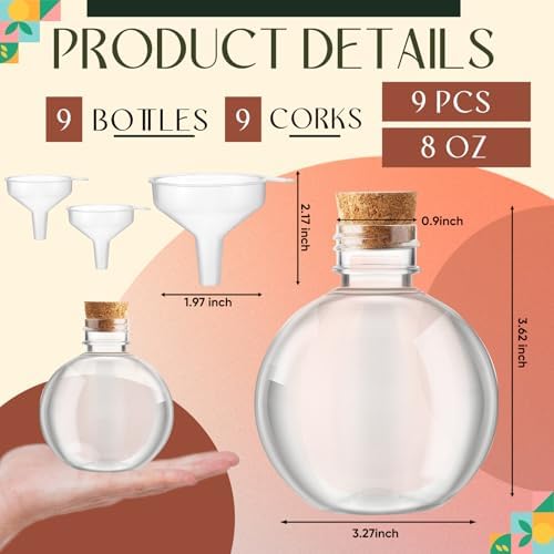 Jinei 9 Pcs 8 Oz Clear Plastic Potion Bottles Sphere Corked,Wooden,Topper