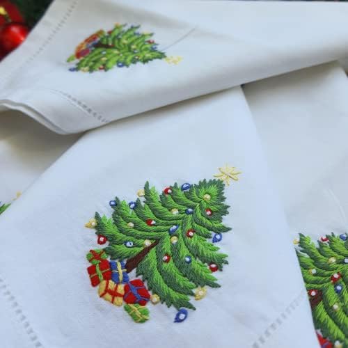 HCRAFT Embroidered Cotton Table Napkin, Cloth Napkins Set of 4 18"x18" Christmas Tree Napkin Square Fabric, Dining Room, Napkins Cloth Machine Washable, Christmas Napkins, Great Present Ideas