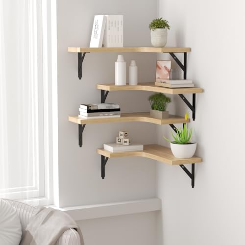 ROMGUAR CRAFT Corner Floating Shelves Wall Mounted Set of 4, Natural