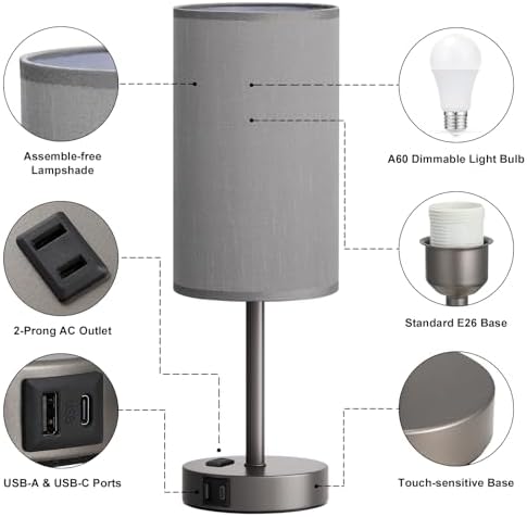 Fenmzee 17.4" Grey Lamp for Bedroom - Dimmable Touch, USB A+C, AC Outlet