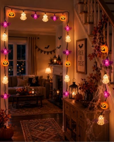 8.5FT Halloween Pumpkin Bat Ghost Lights, Plug-in 10 LED Decor
