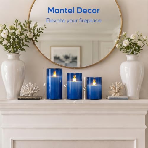 Homemory Blue Flameless LED Pillar Candles with Remote Timer, Set of 3