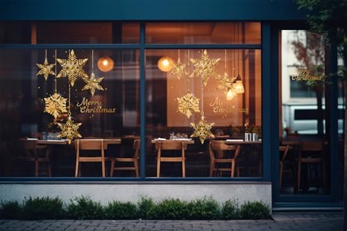 Christmas Tree Window Clings Stickers for Glass, Golden Christmas Snowflake Windows Static Stickers, DIY Wall Window Door Mural Showcase Decal Sticker (2 Pack Style B)
